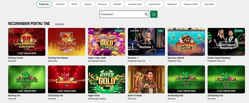 Secțiunea de recomandari pentru tine de pe Unibet Casino