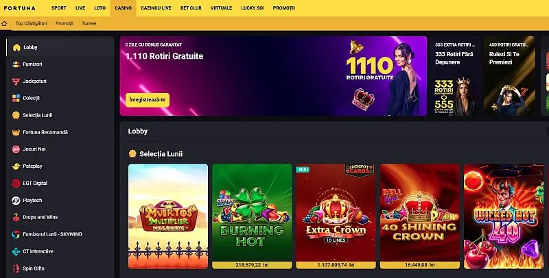Secțiunea de casino de pe Fortuna Casino