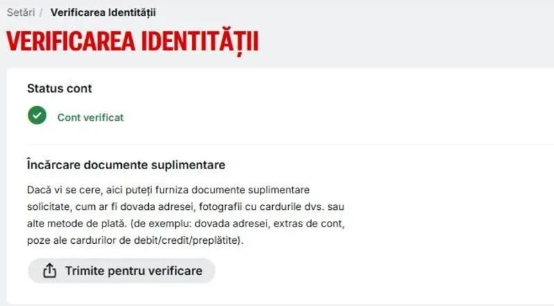 Mesaj de verificare a identității la casinou