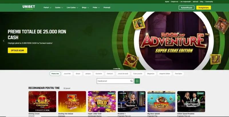Pagina principală a site-ului Unibet Casino