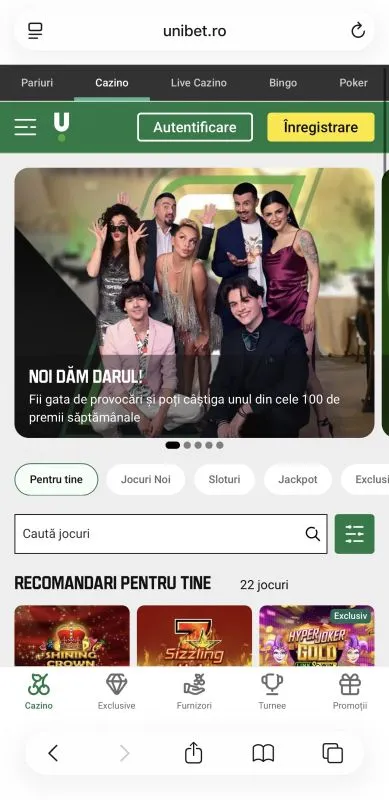 Platforma Unibet accesată prin aplicație mobilă