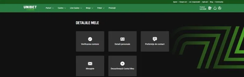 Secțiunea Contul meu Unibet Casino