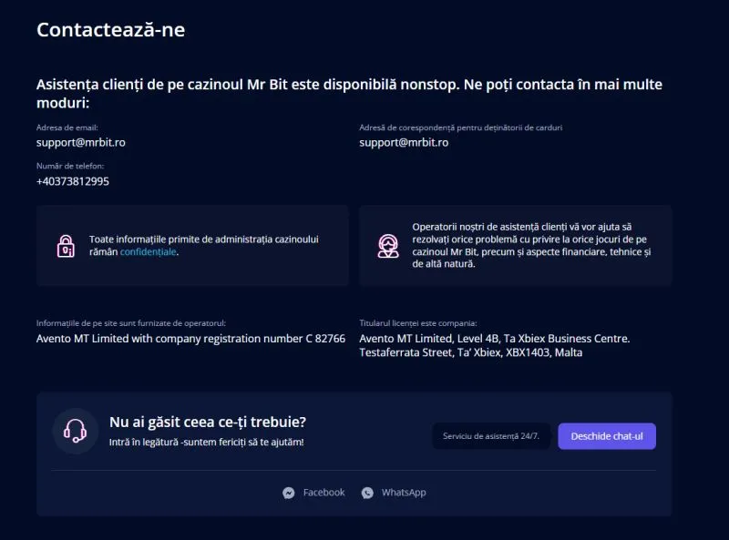 Secțiunea Contul meu MrBit Casino