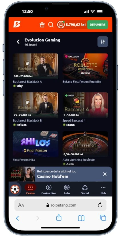 Mese live de baccarat, blackjack și ruletă pe mobil
