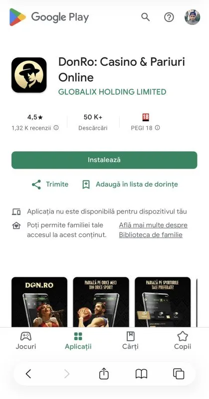 Aplicația Android DonRo: Casino & Pariuri