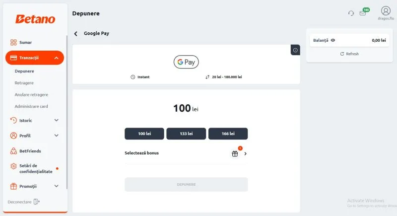 Depunere de 100 lei prin Google Pay pe Betano Casino