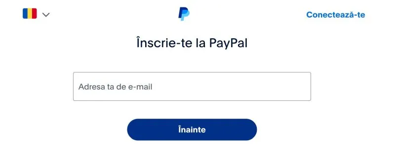 Pagina de înregistrare PayPal