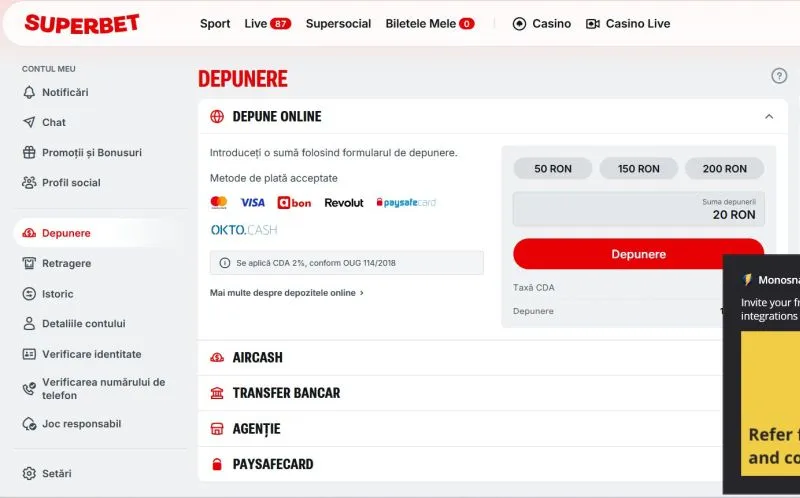 Secțiunea de depuneri de pe Superbet Casino