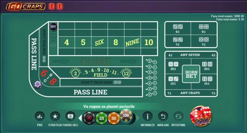 Pariu Pass în jocul de craps afișat pe masă cu zaruri și fise
