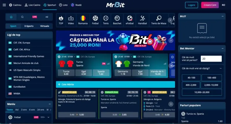 Secțiunea de pariuri sportive la MrBit Casino