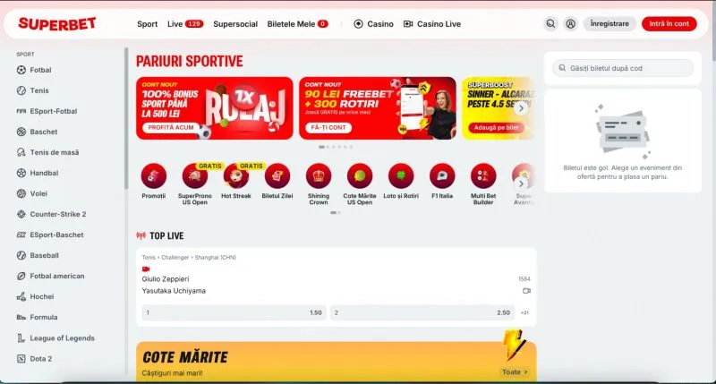 Secțiunea de pariuri sportive la Superbet Casino