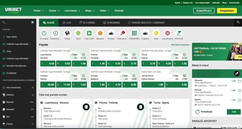 Secțiunea de pariuri sportive la Unibet Casino