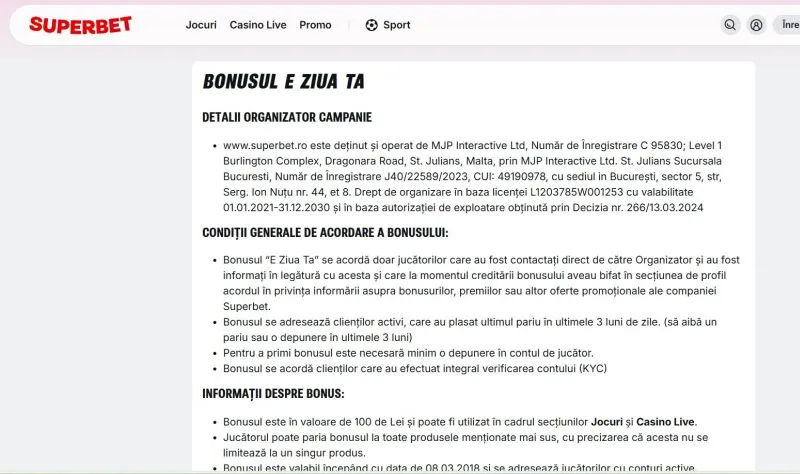 Superbet Casino 100 RON bonus aniversar