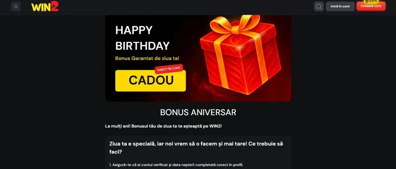 Win2 Casino bonus de ziua ta