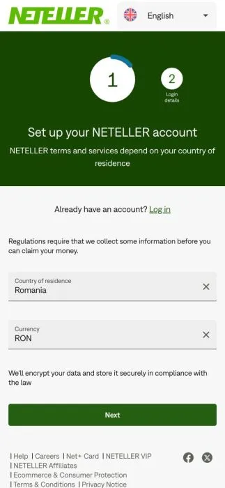 Inregistrare pe site-ul oficial Neteller - pasul 1