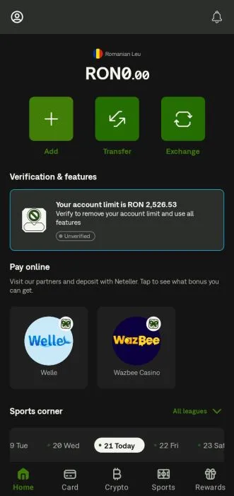 Aplicația mobilă Neteller