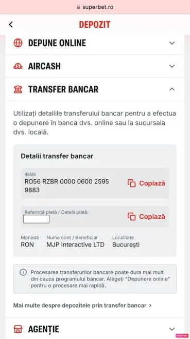 Transfer bancar casino online