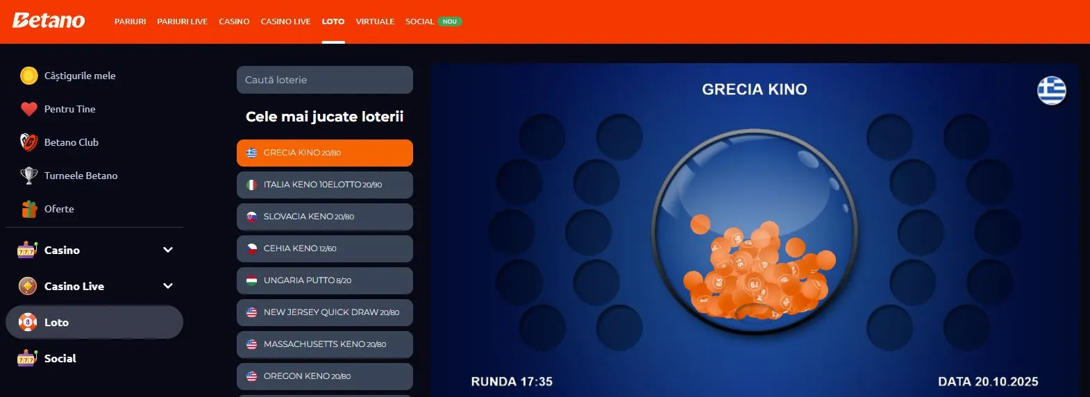 Sectiunea de Loto de la Betano Casino