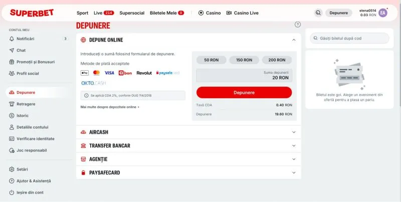 Procesul de depunere prin Visa la Superbet Casino