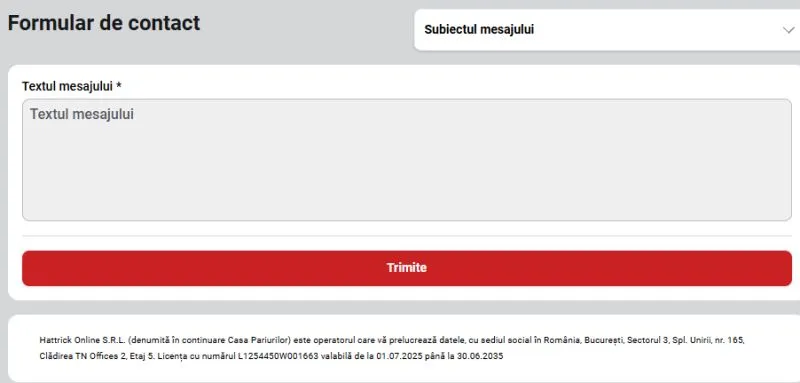 Sectiunea de contact de la Casa Pariurilor Casino