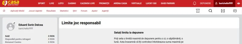 Sectiunea contul meu de la Casa Pariurilor Casino