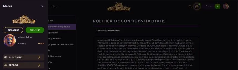 Sectiunea contul meu de la Cashpot Casino
