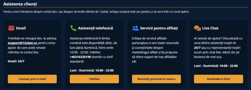 Sectiunea de asistenta clienti de la 12xBet Casino