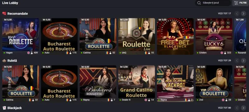 Sectiunea de live casino de la Fortuna Casino