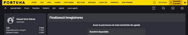 Sectiunea contul meu de la Fortuna Casino