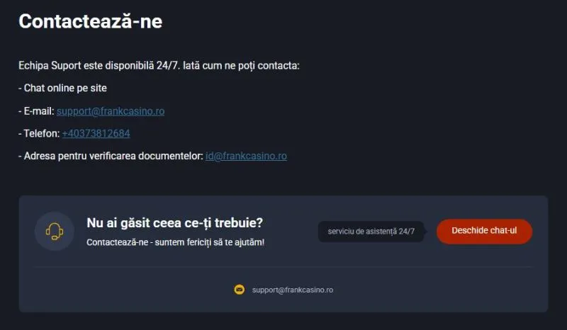Sectiunea suport clienti de la Frank Casino
