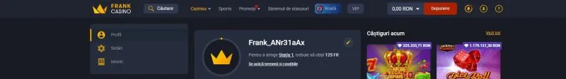 Sectiunea contul meu de la Frank Casino