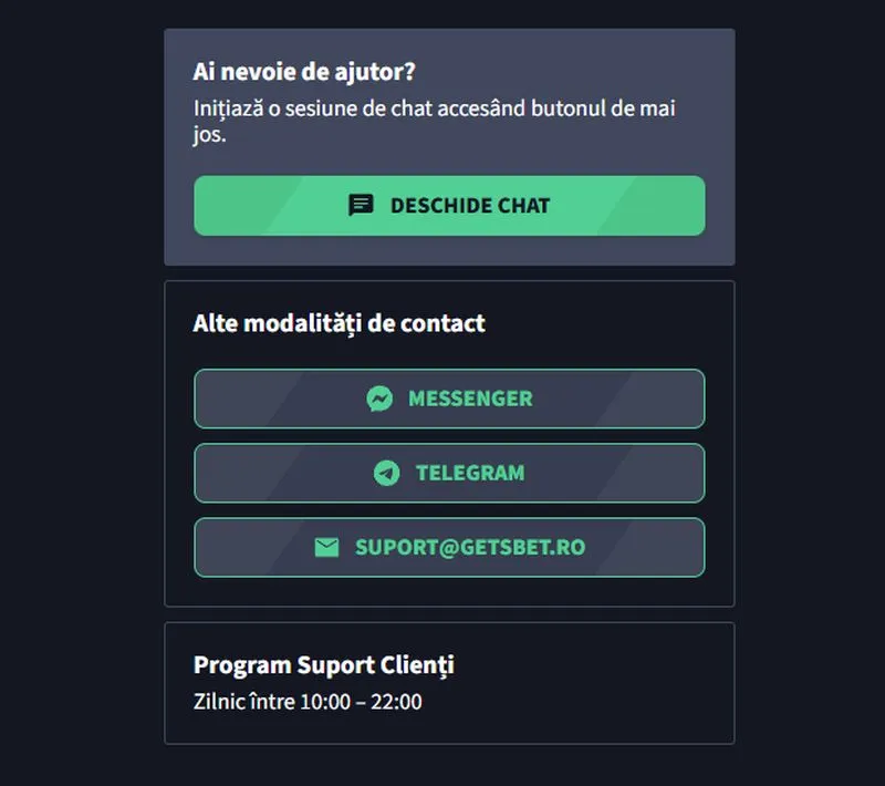 Suportul clienți la Get's Bet