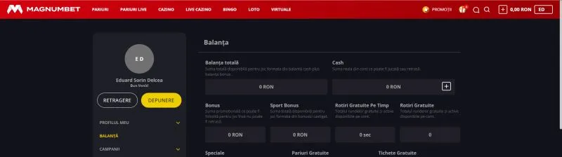Sectiunea contul meu de la MagnumBet Casino