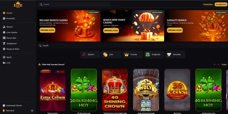 Interfata principala de la Elite Slots Casino