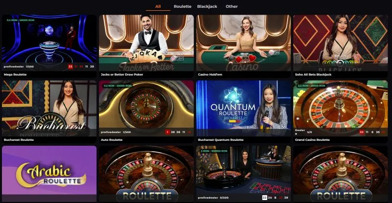 Sectiunea de live casino de la Elite Slots Casino