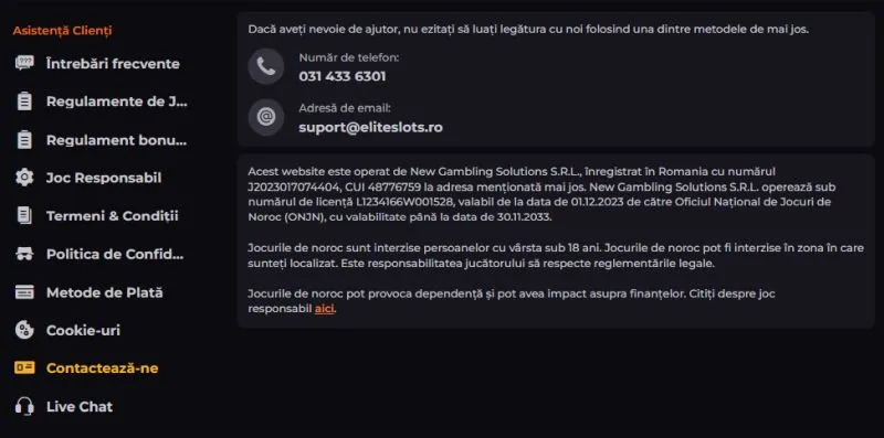 Sectiunea de suport de la Elite Slots Casino