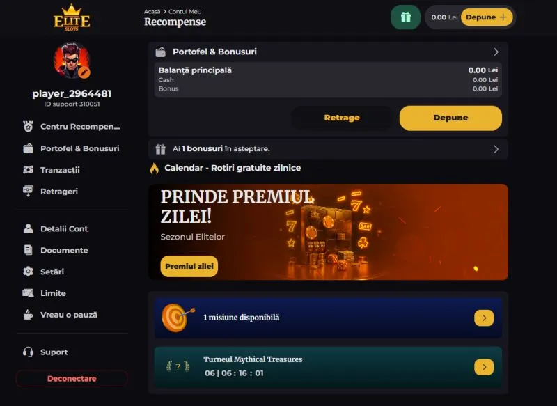 Sectiunea contul meu de la Elite Slots Casino