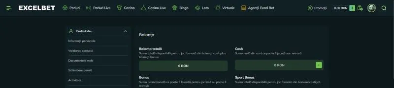 Sectiunea contul meu de la Excelbet Casino