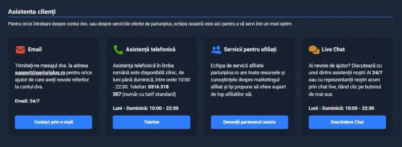 Sectiunea de suport clienti de la Pariuriplus Casino