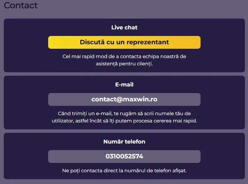 sectiunea suport clienti la MaxWin Casino