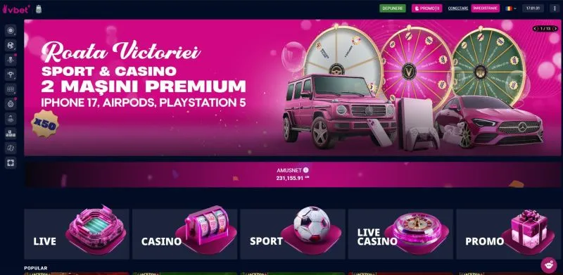 Interfata principala de la Vbet Casino
