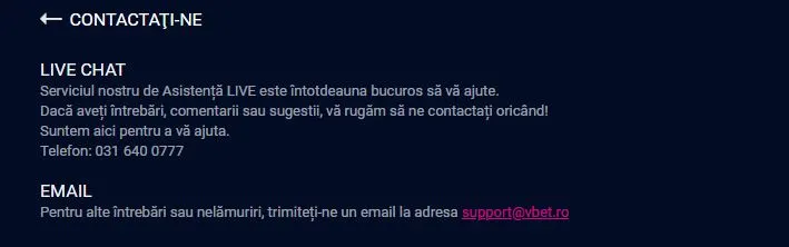 Sectiunea suport clienti la Vbet Casino