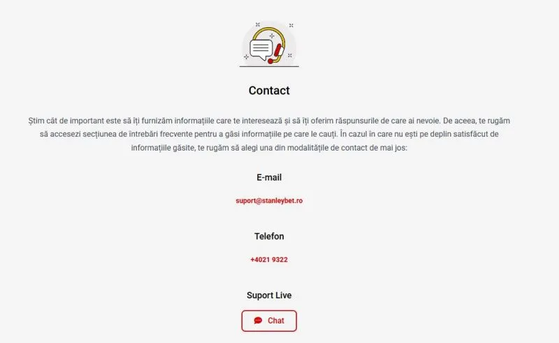 Sectiunea de contact de la Stanleybet Casino