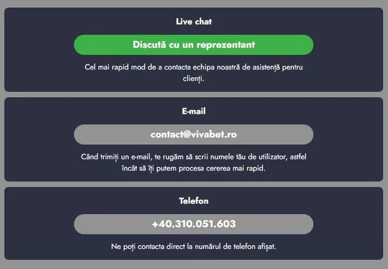 Sectiunea suport pentru clienti la Vivabet Casino