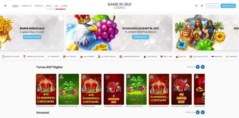 Interfata principala de la Game World Casino