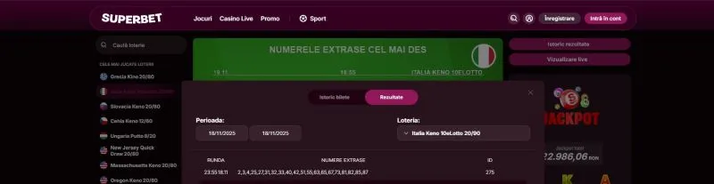 Istoricul rezultatelor la Italia Keno pe Superbet