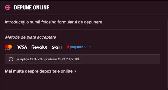 Sectiunea depuneri la Napoleon Games Casino