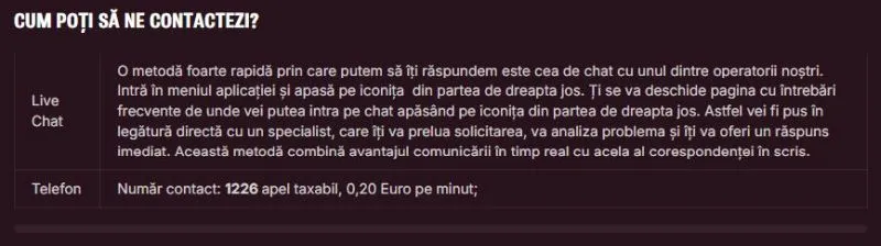 Sectiunea de contact de la Napoleon Games Casino
