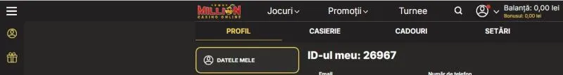 Sectiunea contul meu de la Million Casino