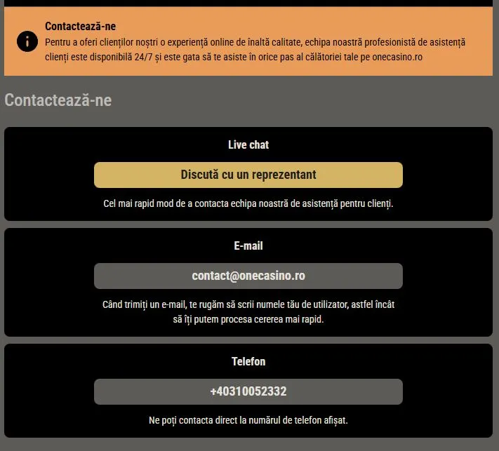 Secctiunea de contact de la One Casino